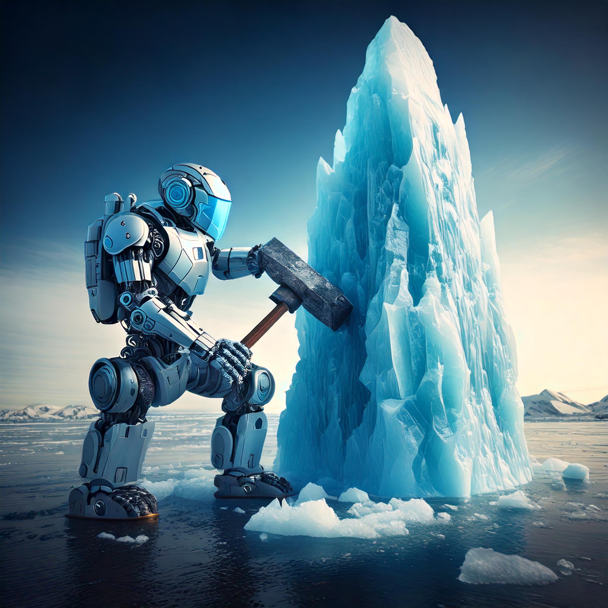 AI prompt: a robot with a hammer building an enormous iceberg as tall as an skyscraper.jpg